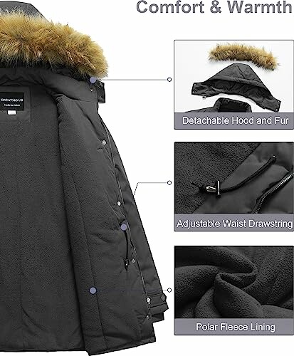 Black parka jacket with detachable hood, adjustable waist drawstring, and polar fleece lining.