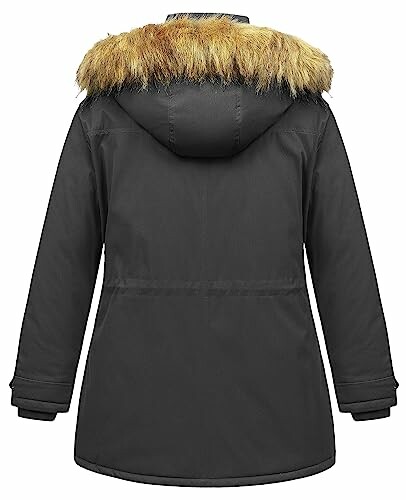 Back view of a black parka with a fur-lined hood.