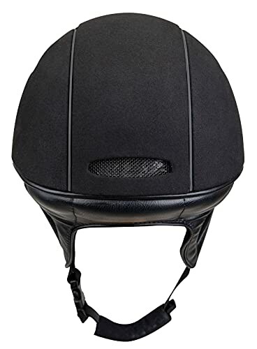 Black riding helmet with chin strap and ventilation.