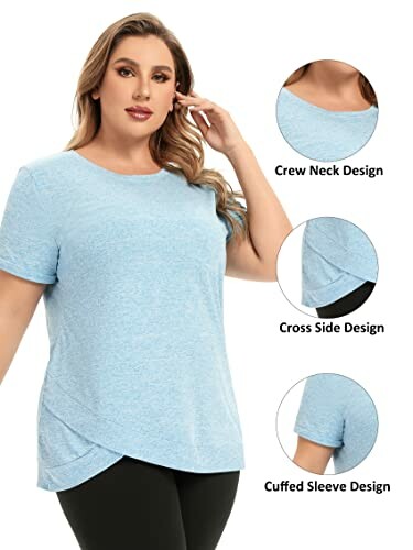 Woman wearing a blue top with crew neck, cross side, and cuffed sleeve design.