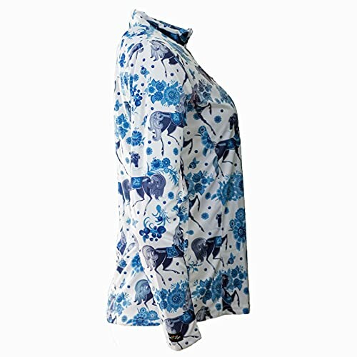 Side view of a white shirt with blue floral and animal print design.