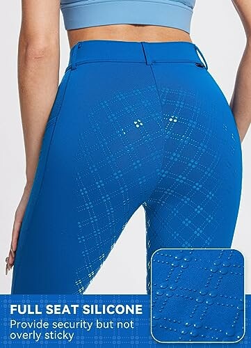 Back view of blue riding breeches with full seat silicone grip.