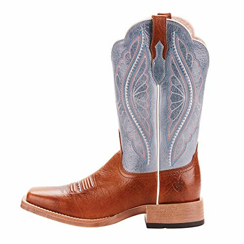 Brown leather cowboy boot with blue decorative stitching