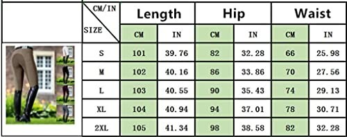 Equestrian pants size chart with measurements for length, hip, and waist in cm and inches.