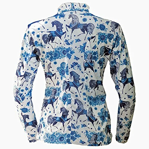 Back view of a shirt with blue and white horse pattern