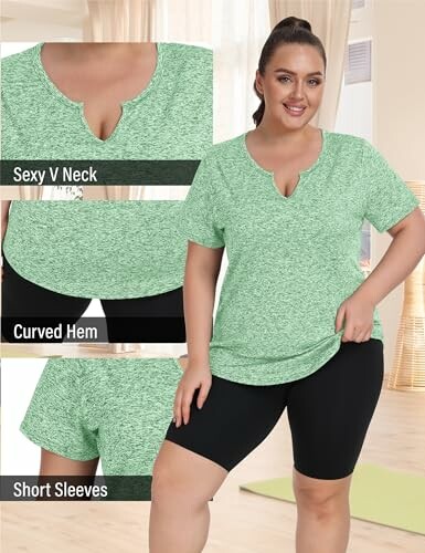 Woman wearing green V-neck T-shirt with curved hem and black shorts.