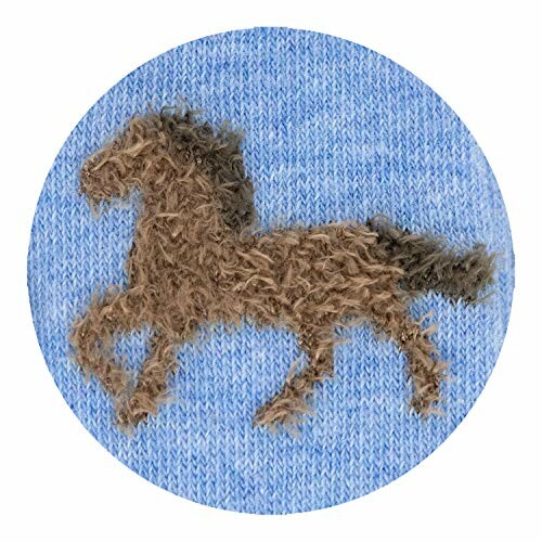 Knitted horse pattern on blue fabric.