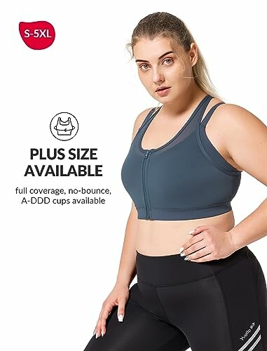 Woman wearing a plus size sports bra with text promoting full coverage and no-bounce features.