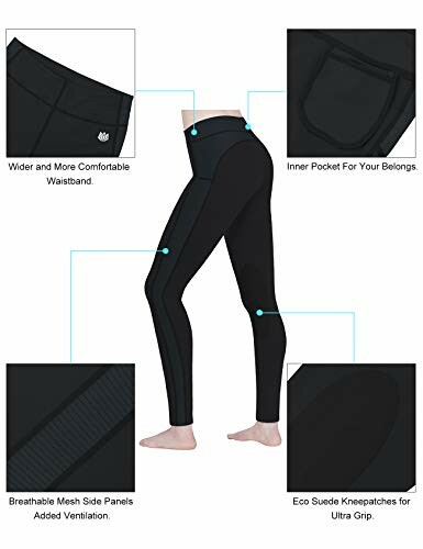 Diagram of riding tights with features: wider waistband, inner pocket, breathable mesh side panels, eco suede kneepatches.