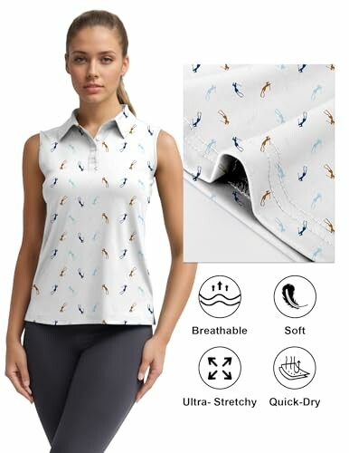 Woman wearing sleeveless golf shirt with fish pattern and fabric features icons.