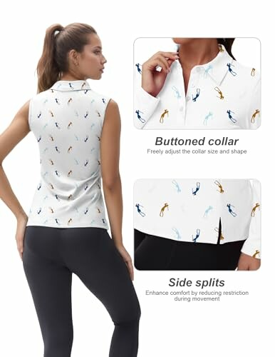 Sleeveless shirt with buttoned collar and side splits.