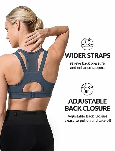 Woman wearing sports bra with wider straps and adjustable back closure.