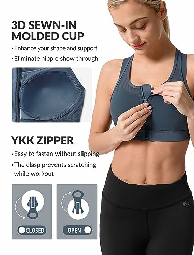 Woman in sports bra showing 3D sewn-in molded cup and YKK zipper features.