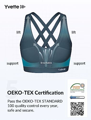 Sports bra with OEKO-TEX certification highlighting support and breathability.