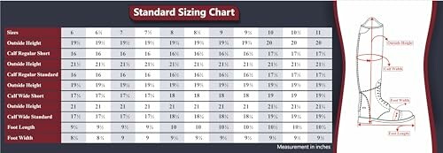 Standard sizing chart for boots with measurements in inches.