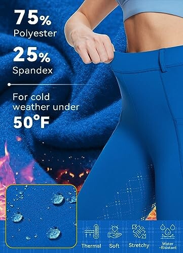 Blue leggings highlighting material composition and features for cold weather