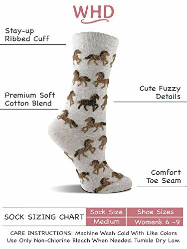 Gray socks with horse pattern and various features highlighted.