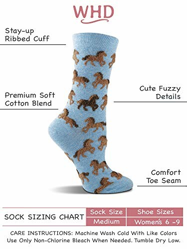 WHD sock with horse design, sizing chart for women's shoe sizes 6-9