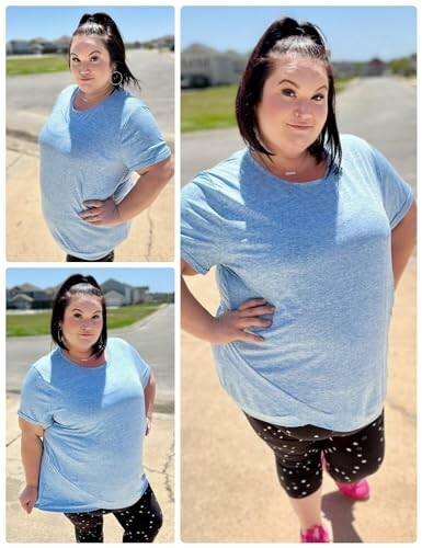 Woman in a blue shirt posing outdoors on a sunny day.