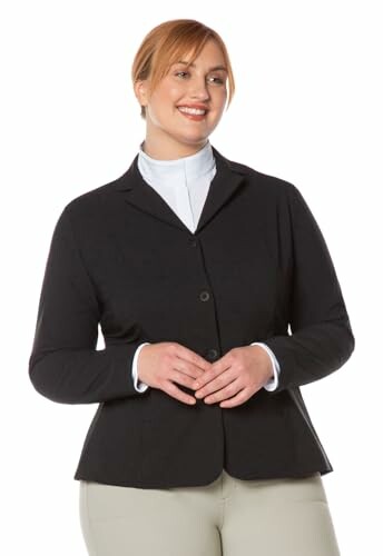 Woman wearing a black blazer over a white shirt