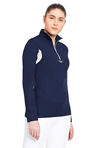 Woman in navy sports top with white accents.