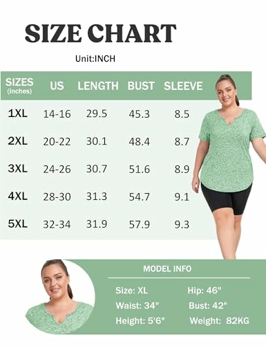 Women's size chart for green top with model info.