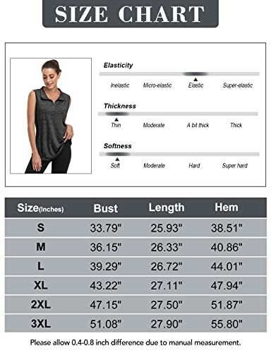 Women's top size chart with measurements and model.