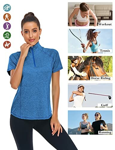 Woman in blue athletic top with various sports activities: workout, tennis, horse riding, golf, running.