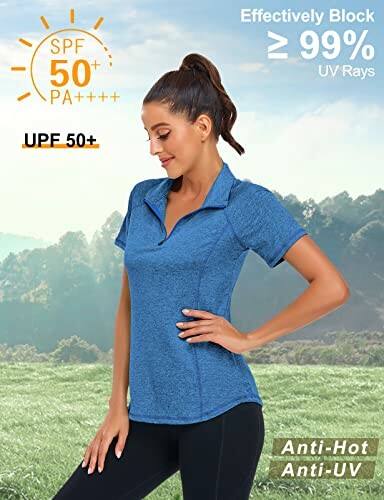 Woman wearing a blue sun protection shirt with UPF 50+